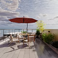 Terrace Garden Landscape With Red Umbrella Wooden Table Chairs And Green Plants