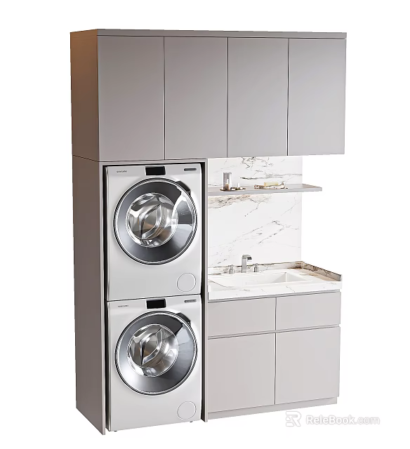 Modern Bathroom Cabinet With Grey Cabinets Marble Countertop And Stacked Washing Machines 3d model 
