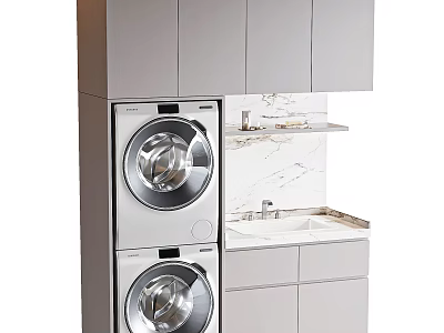 Modern Bathroom Cabinet With Grey Cabinets Marble Countertop And Stacked Washing Machines 3d model