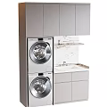 Modern Bathroom Cabinet With Grey Cabinets Marble Countertop And Stacked Washing Machines