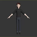3D Model Character Red Hair Black Shirt Rolled Sleeves Blue Pants Arms Outstretched Gray Background
