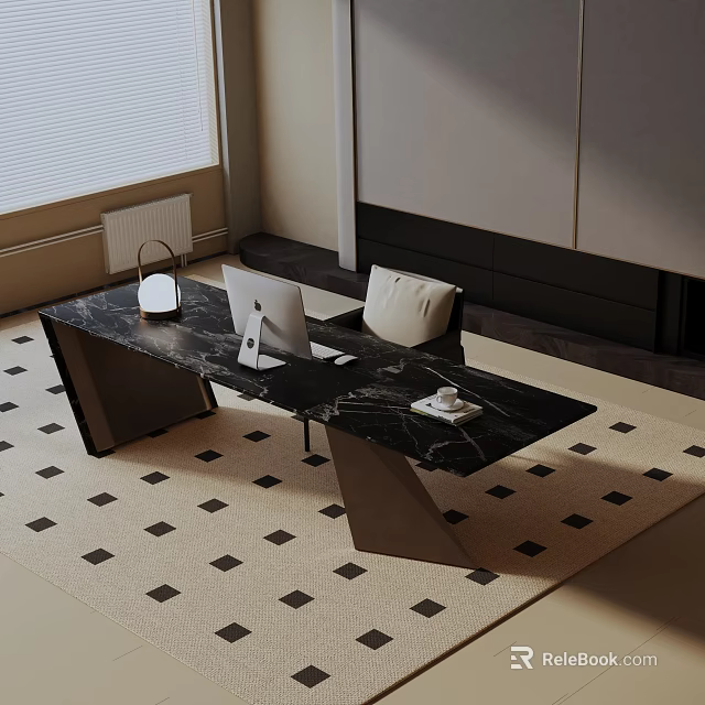 Elegant Dining Table Set with Black Marble Tabletop White Lamp Cushion and Checkered Rug 3d model 