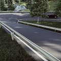 Curved Road Infrastructure Featuring Green Trees Traffic Lanes And Vehicles