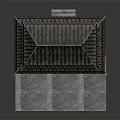Cartoon Scene of Chinese Two Story Building Red Doors Gray Tile Roof and Stone Platform