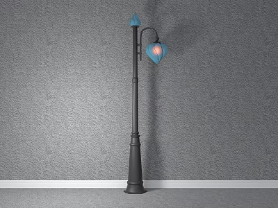 Classic Black Outdoor Light Post with Blue Glass Shade and Decorative Top 3d model