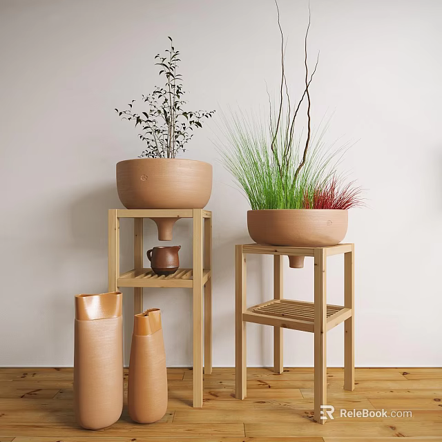 Bonsai Plants In Brown Clay Pots On Wooden Stands Minimalist Indoor Decor 3d model 