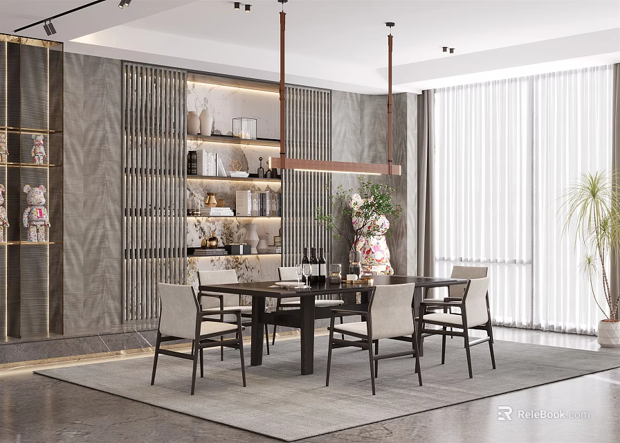 Stylish Modern Restaurant Interior With Dining Table Chairs Decorative Wall And Large Window 3d model 