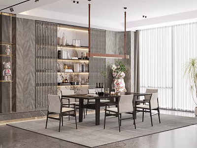 Stylish Modern Restaurant Interior With Dining Table Chairs Decorative Wall And Large Window 3d model
