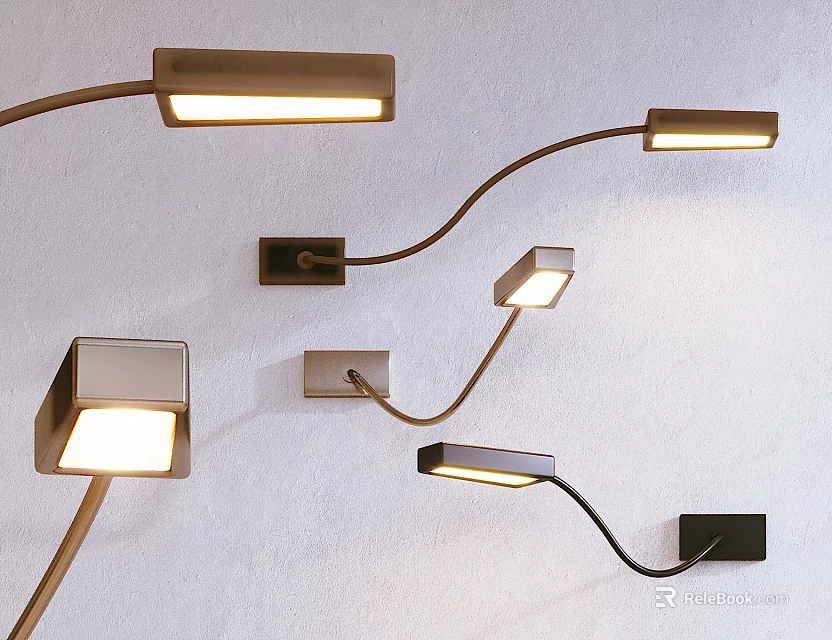Modern Wall Lamps In Various Designs With Sleek Metal Finish Mounted On White Wall 3d model 