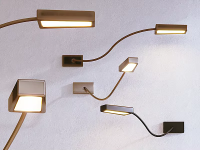 Modern Wall Lamps In Various Designs With Sleek Metal Finish Mounted On White Wall 3d model