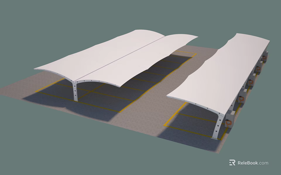 White Carport Canopy Structure For Parking Lot With Yellow Lines And Support Columns 3d model 