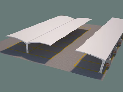 White Carport Canopy Structure For Parking Lot With Yellow Lines And Support Columns 3d model