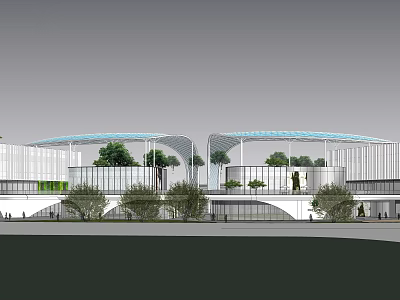 Modern Public Building Exterior With Curved Roof Glass Facade And Landscaping Trees 3d model