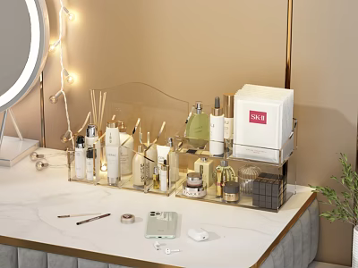 Perfume Cosmetics Organizer On Vanity Table With Skincare Bottles And Makeup Brushes 3d model