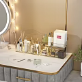 Perfume Cosmetics Organizer On Vanity Table With Skincare Bottles And Makeup Brushes