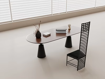 Modern Desk With Oval Tabletop Black Legs Books Vase Lattice Back Chair And Window Blinds 3d model