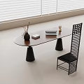 Modern Desk With Oval Tabletop Black Legs Books Vase Lattice Back Chair And Window Blinds