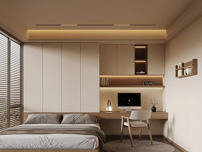 Modern Tatami Bedroom Interior With Cozy Bed Desk Computer And Storage Cabinets 3d model