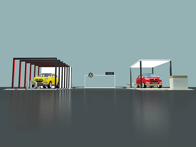 Yellow And Red Cars Parked Under Modern Shelters With VW Signage 3d model