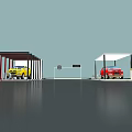 Yellow And Red Cars Parked Under Modern Shelters With VW Signage