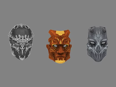 Three Decorative Masks With Intricate Patterns In Black White Orange Gold And Gray 3d model