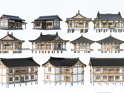 Traditional Ancient Architecture Designs Featuring Various Roof Structures And Wooden Elements 3d model