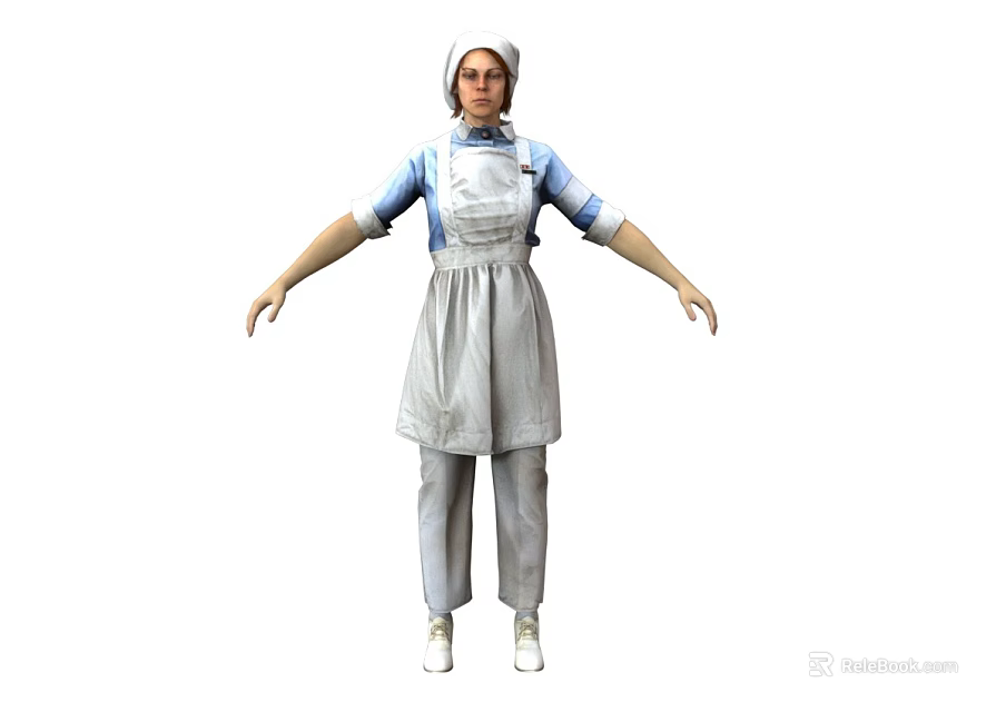 Woman in Blue and White Uniform With Apron Standing with Arms Outstretched 3d model 