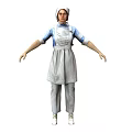 Woman in Blue and White Uniform With Apron Standing with Arms Outstretched