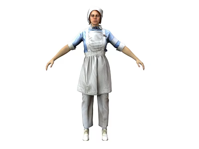 Woman in Blue and White Uniform With Apron Standing with Arms Outstretched 3d model