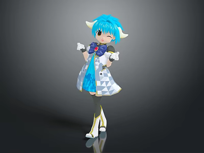 Anime Style Game Movie Character With Blue Hair Horns Bow And Blue White Dress 3d model