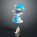 Anime Style Game Movie Character With Blue Hair Horns Bow And Blue White Dress