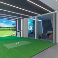 Indoor Golf Simulator Fitness Space With Green Turf Large Screen Modern Lighting And Seating Area