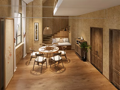 Elegant Private Room Interior With Wooden Floor Round Table Sofa Hanging Lamp And Green Plants 3d model
