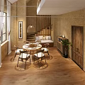 Elegant Private Room Interior With Wooden Floor Round Table Sofa Hanging Lamp And Green Plants