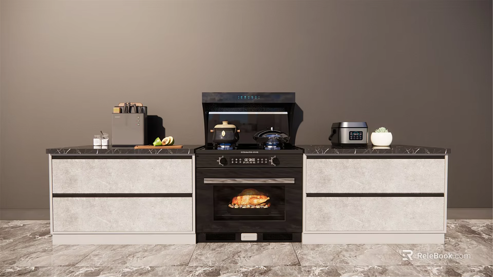 Modern Kitchen With Black Stove Range Hood Toaster And Countertop Appliances 3d model 