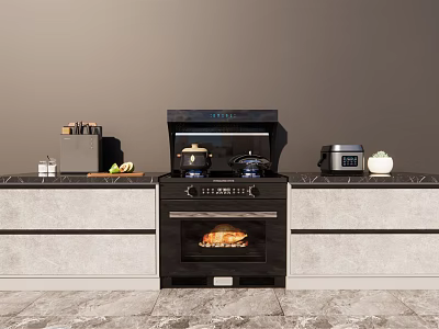 Modern Kitchen With Black Stove Range Hood Toaster And Countertop Appliances 3d model