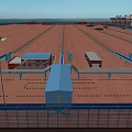 Spacious Industrial Plant Area With Red Cranes Blue Sky Water View And Rail Tracks