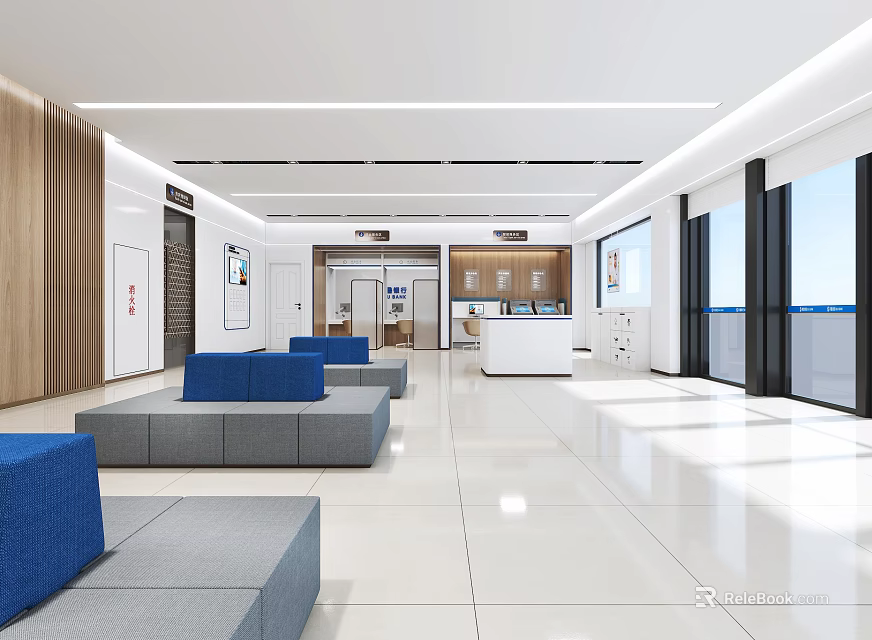 Modern Service Hall Interior With Spacious Bright Area Blue Seats And Reception Desk 3d model 
