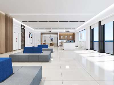 Modern Service Hall Interior With Spacious Bright Area Blue Seats And Reception Desk 3d model