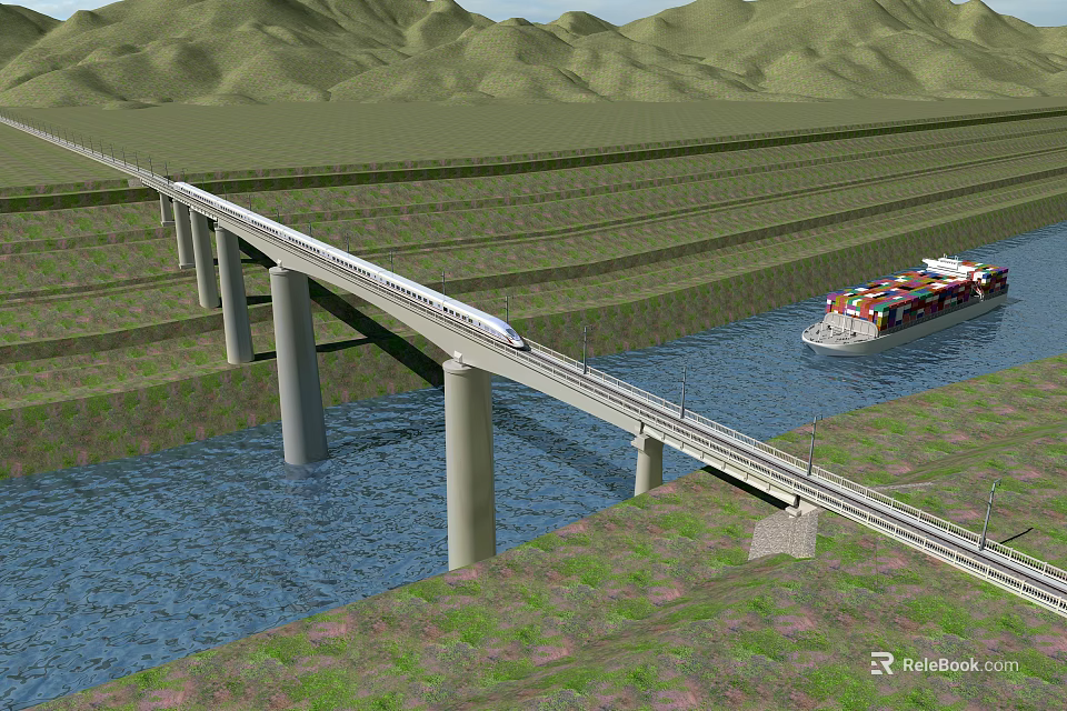 Bridge With High Speed Train Over River And Cargo Ship Near Mountains And Farmland 3d model 
