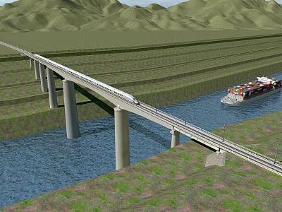 Bridge With High Speed Train Over River And Cargo Ship Near Mountains And Farmland 3d model