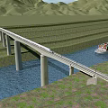 Bridge With High Speed Train Over River And Cargo Ship Near Mountains And Farmland