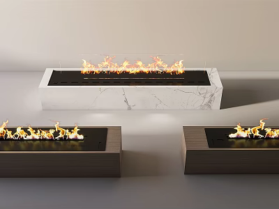 Modern Fireplace Interior Designs with Lit Flames Marble Top and Wooden Bases 3d model