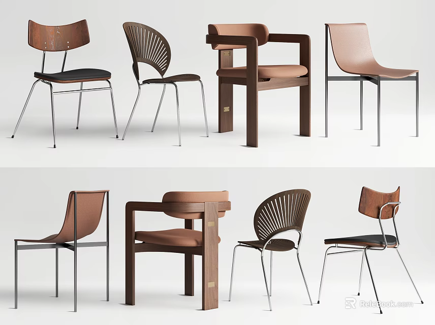 Assorted Modern Dining Chairs For Home Decor Featuring Wooden Metal Frames And Upholstered Seats 3d model 
