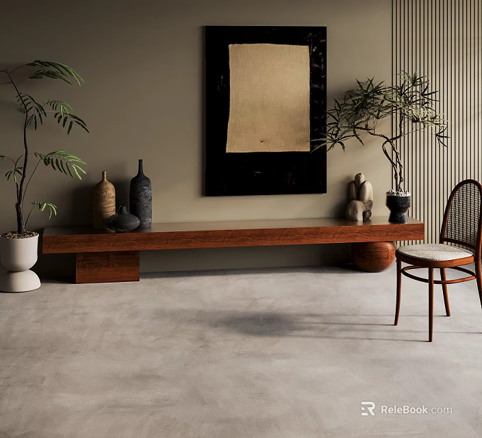 Abstract Painting In Modern Interior With Wooden Table Plants And Chair 3d model 