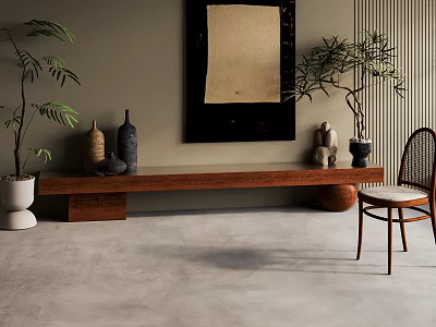 Abstract Painting In Modern Interior With Wooden Table Plants And Chair 3d model