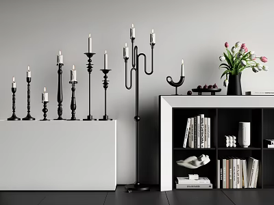 Elegant Decorative Ornament Combination With Black Candle Holders Vase Flowers Books And White Cabinet 3d model