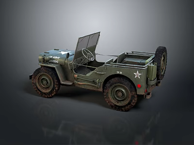Vintage Green Military Jeep Featuring Open Top Cockpit Star Emblem And Rugged Tires 3d model