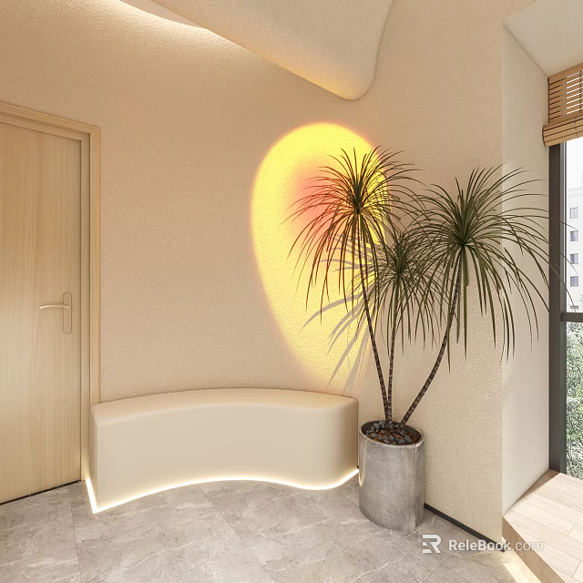 Relaxing Beauty Hair Salon Interior With Curved Bench Palm Trees And Circular Light Glow 3d model 