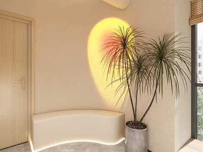 Relaxing Beauty Hair Salon Interior With Curved Bench Palm Trees And Circular Light Glow 3d model
